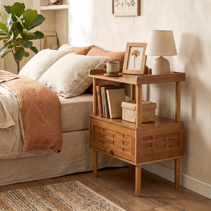 Bamboo Rattan Nightstand, with Flip-Up Door & Shelf, Walnut