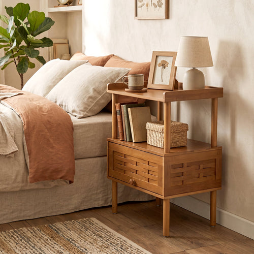 Bamboo Rattan Nightstand, with Flip-Up Door & Shelf, Walnut