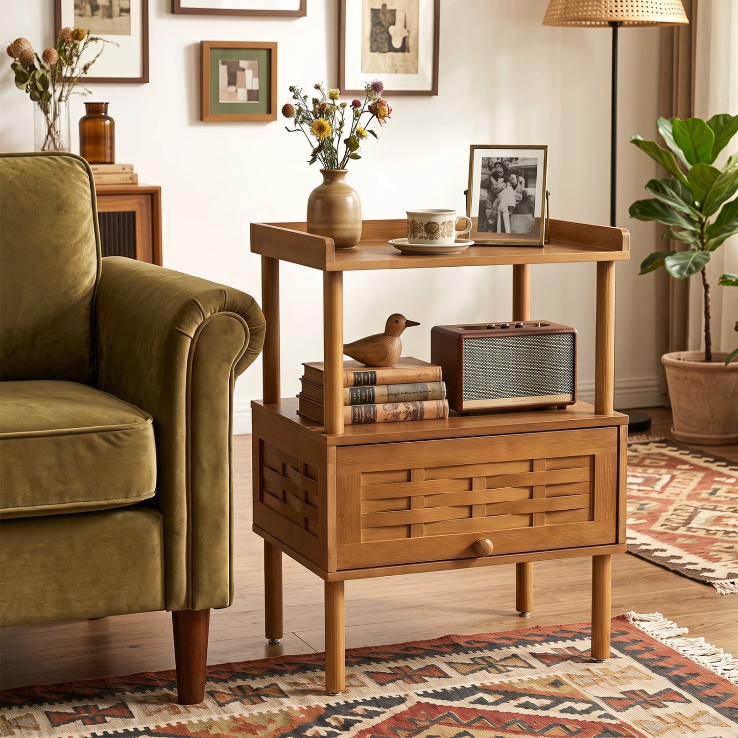 Bamboo Rattan Nightstand, with Flip-Up Door & Shelf, Walnut