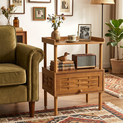 Bamboo Rattan Nightstand, with Flip-Up Door & Shelf, Walnut
