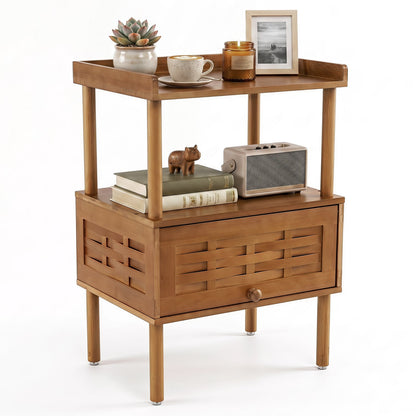 Bamboo Rattan Nightstand, with Flip-Up Door & Shelf, Walnut