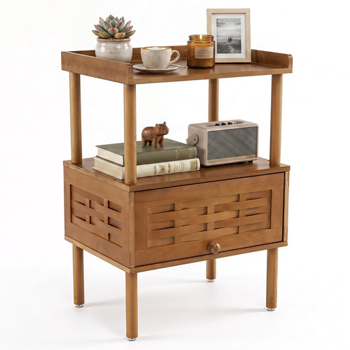 Bamboo Rattan Nightstand, with Flip-Up Door & Shelf, Walnut