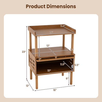 Bamboo Rattan Nightstand, with Flip-Up Door & Shelf, Walnut