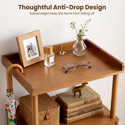 Bamboo Rattan Nightstand, with Flip-Up Door & Shelf, Walnut