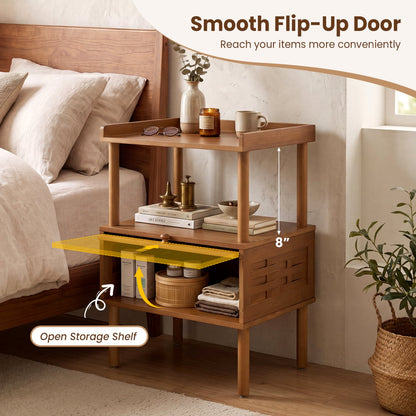 Bamboo Rattan Nightstand, with Flip-Up Door & Shelf, Walnut