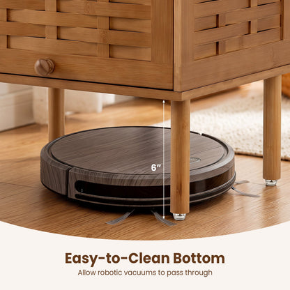 Bamboo Rattan Nightstand, with Flip-Up Door & Shelf, Walnut