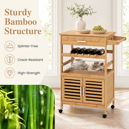 Chariot de cuisine en bambou avec îlot roulant