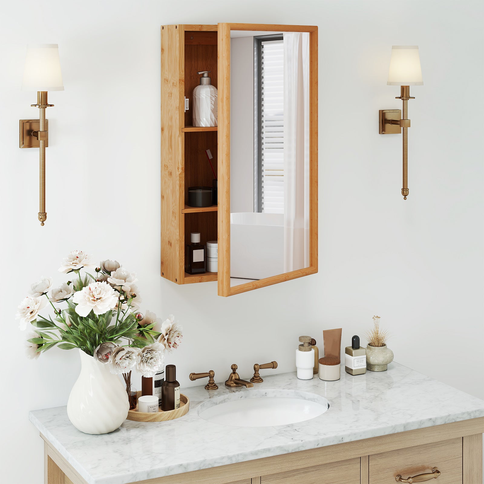 Bamboo Small Medicine Cabinet with Mirror Door and Removable Shelves, Natural Wall Cabinets at Gallery Canada
