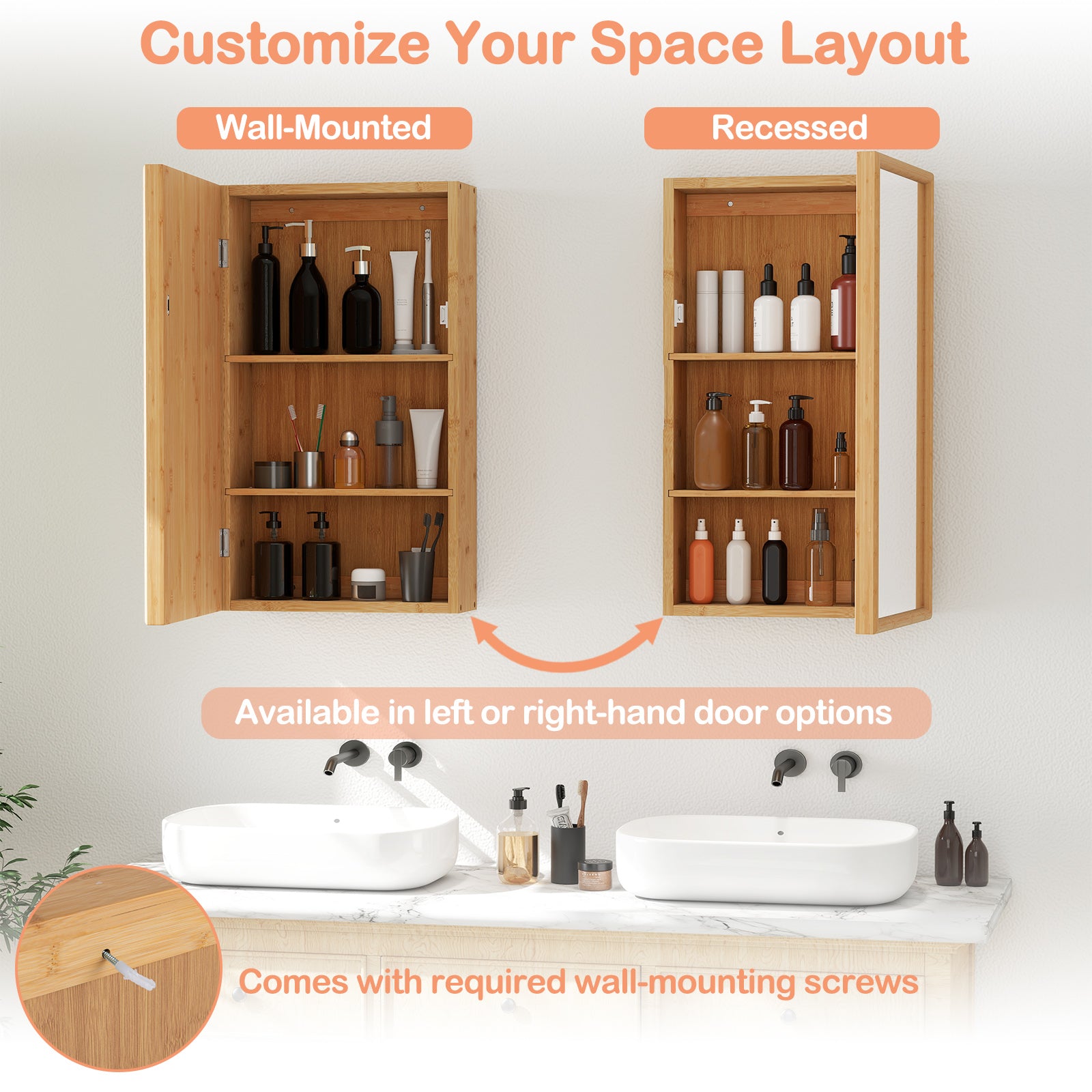 Bamboo Small Medicine Cabinet with Mirror Door and Removable Shelves, Natural Wall Cabinets at Gallery Canada