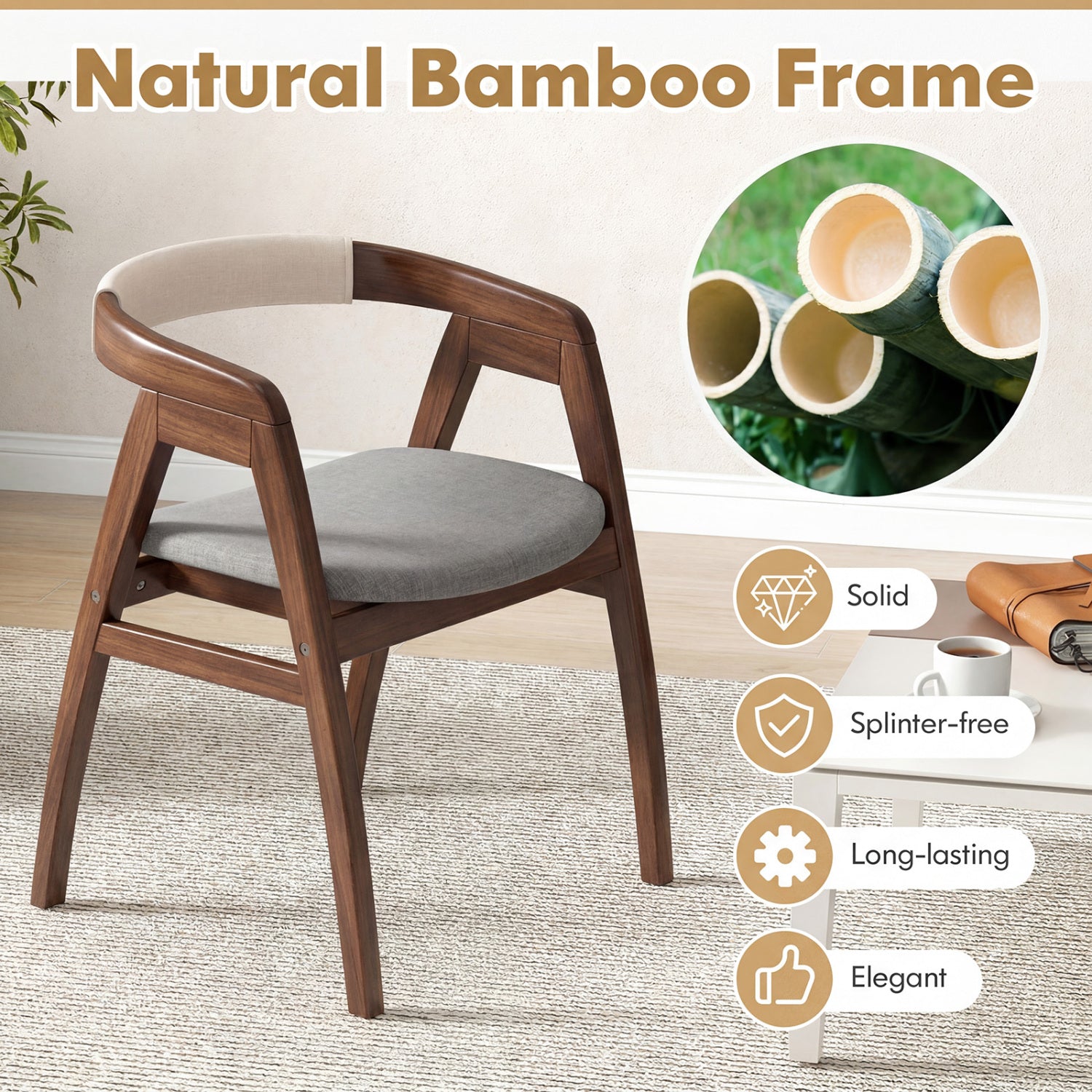 Bamboo Upholstered Dining Chair, Curved Back, Walnut Dining Chairs at Gallery Canada