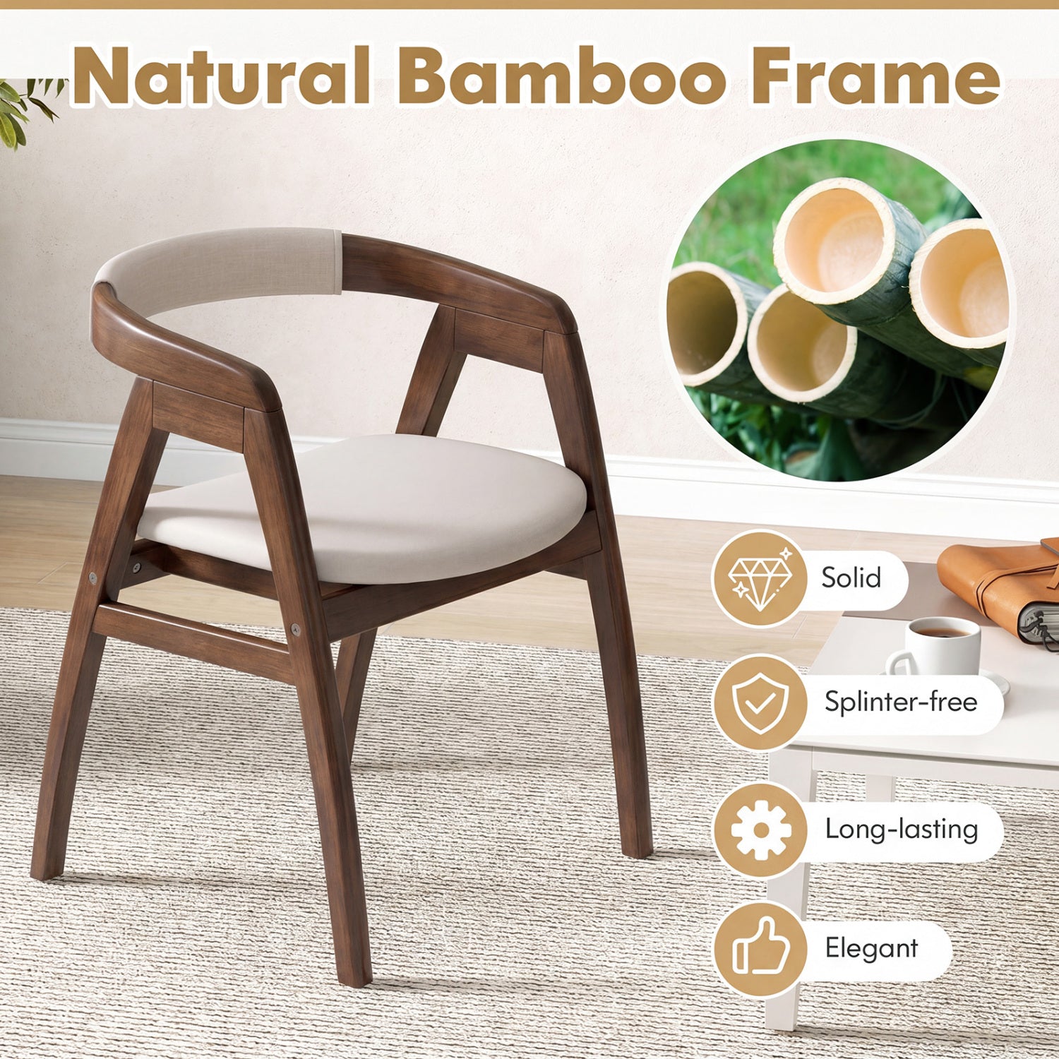 Bamboo Upholstered Dining Chair, Curved Back, Walnut Dining Chairs at Gallery Canada