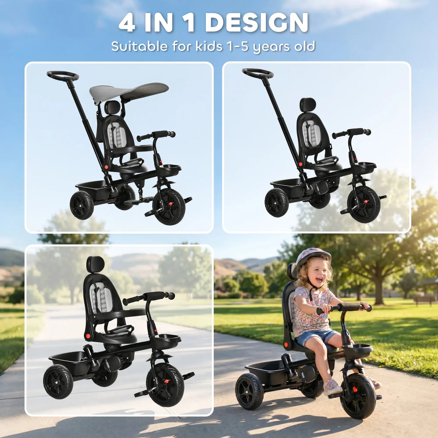 Kids Tricycle, 4 In 1 Trike, Adjustable Seat, Removable Canopy, Grey Tricycles for Kids at Gallery Canada