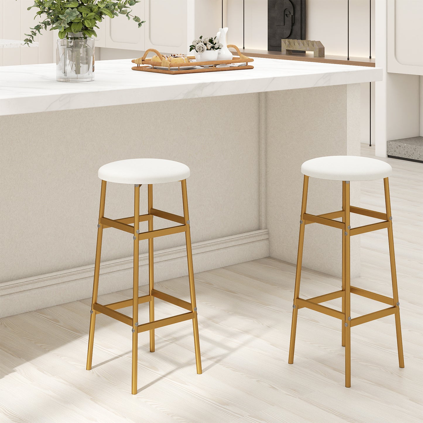 Metal Frame Bar Stools Set of 2, Golden, With Footrest, White Bar Stools at Gallery Canada