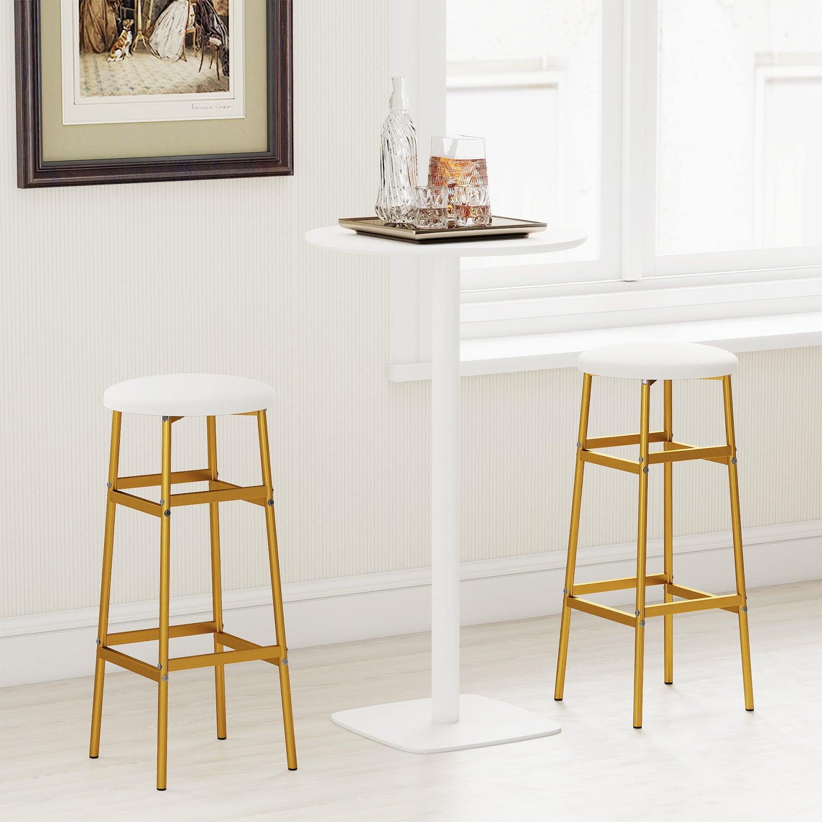 Metal Frame Bar Stools Set of 2, Golden, With Footrest, White Bar Stools at Gallery Canada