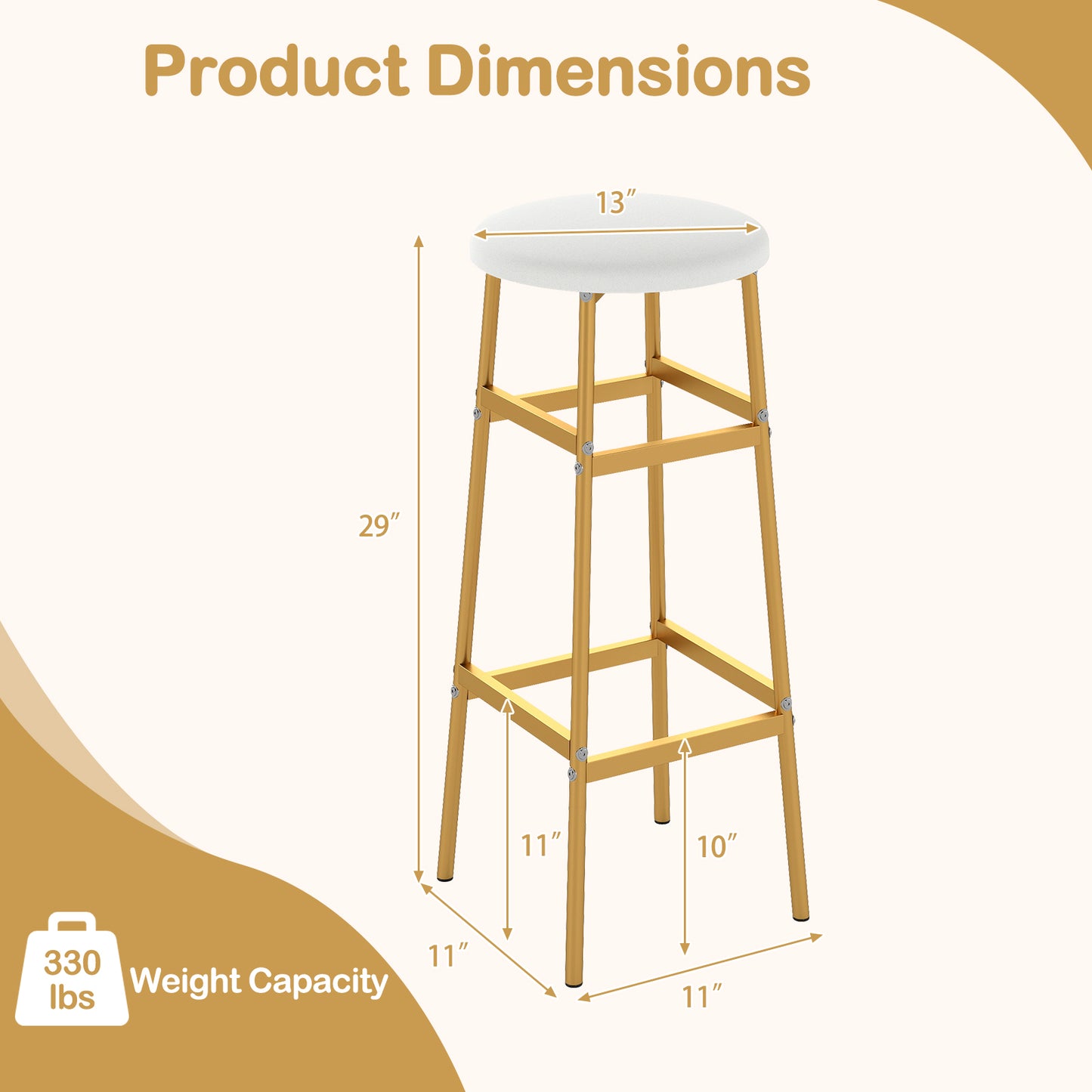 Metal Frame Bar Stools Set of 2, Golden, With Footrest, White Bar Stools at Gallery Canada