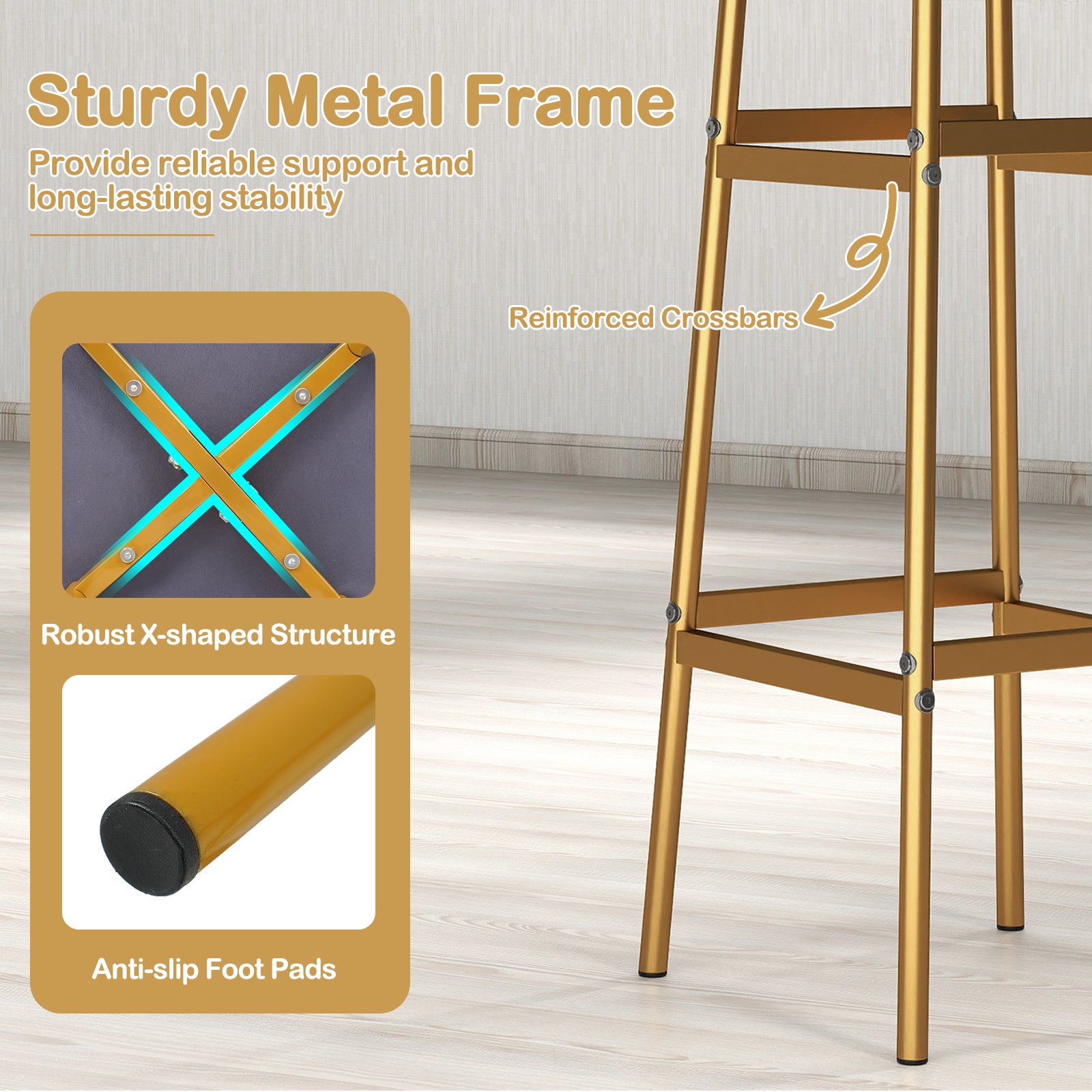 Metal Frame Bar Stools Set of 2, Golden, With Footrest, White Bar Stools at Gallery Canada