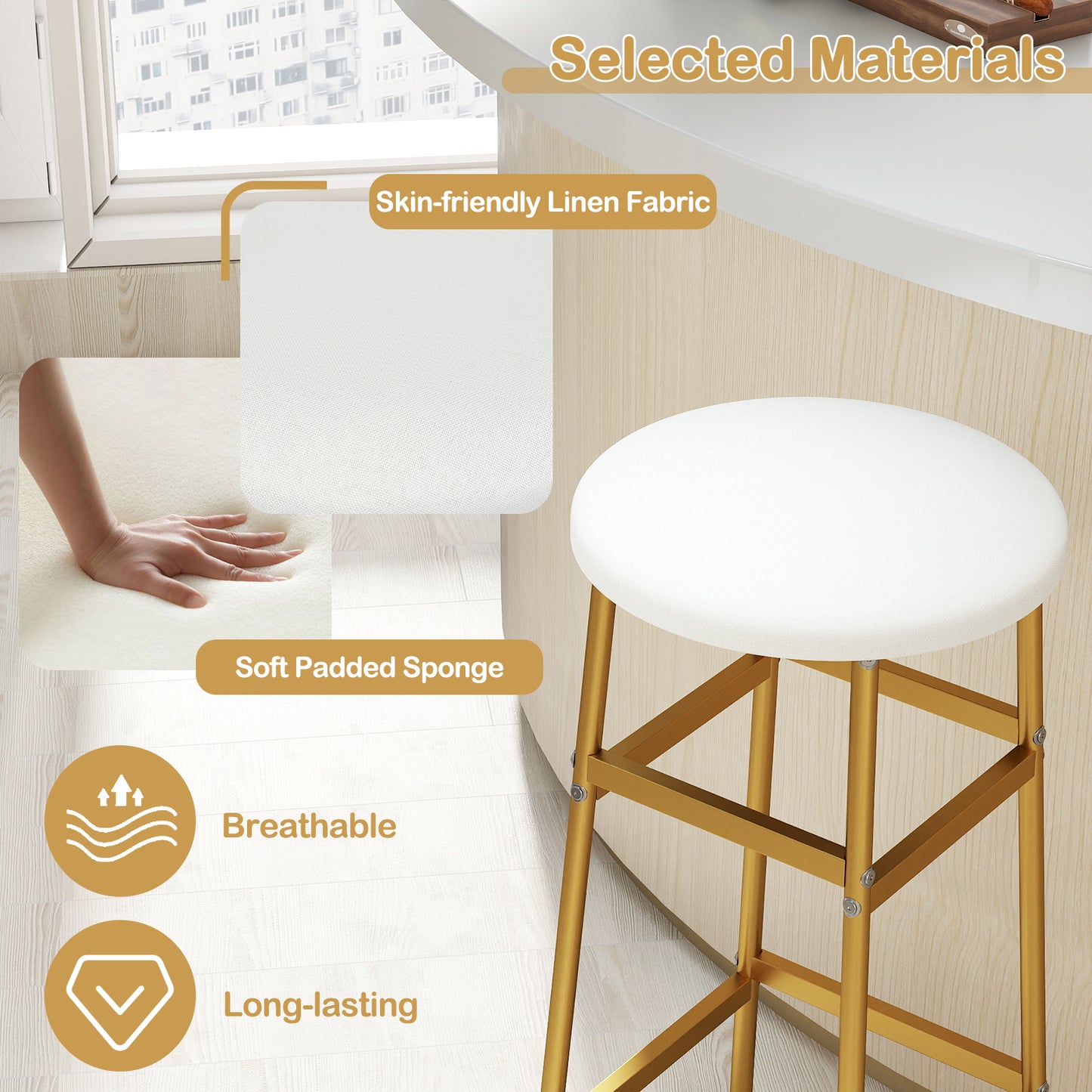 Metal Frame Bar Stools Set of 2, Golden, With Footrest, White Bar Stools at Gallery Canada
