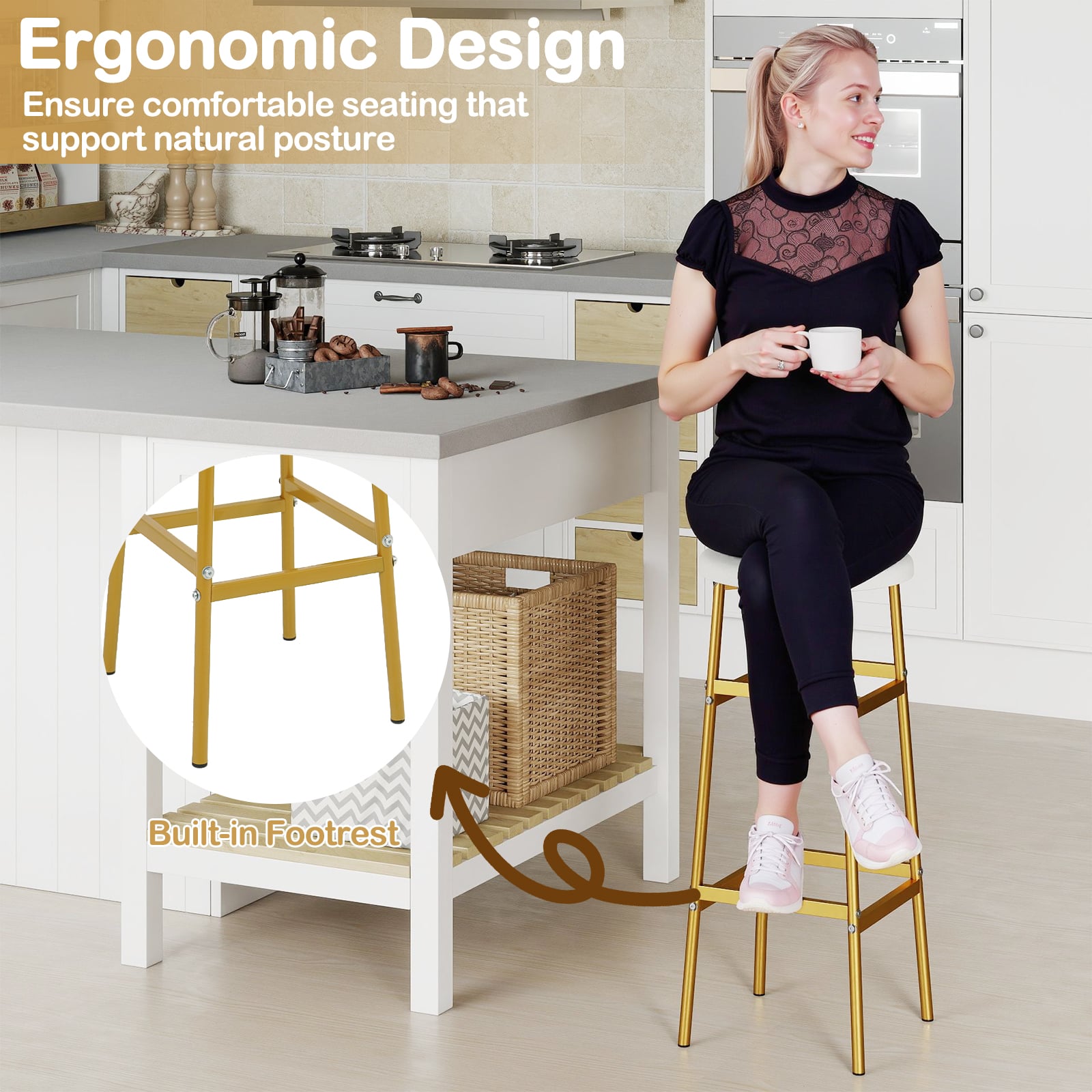 Metal Frame Bar Stools Set of 2, Golden, With Footrest, White Bar Stools at Gallery Canada