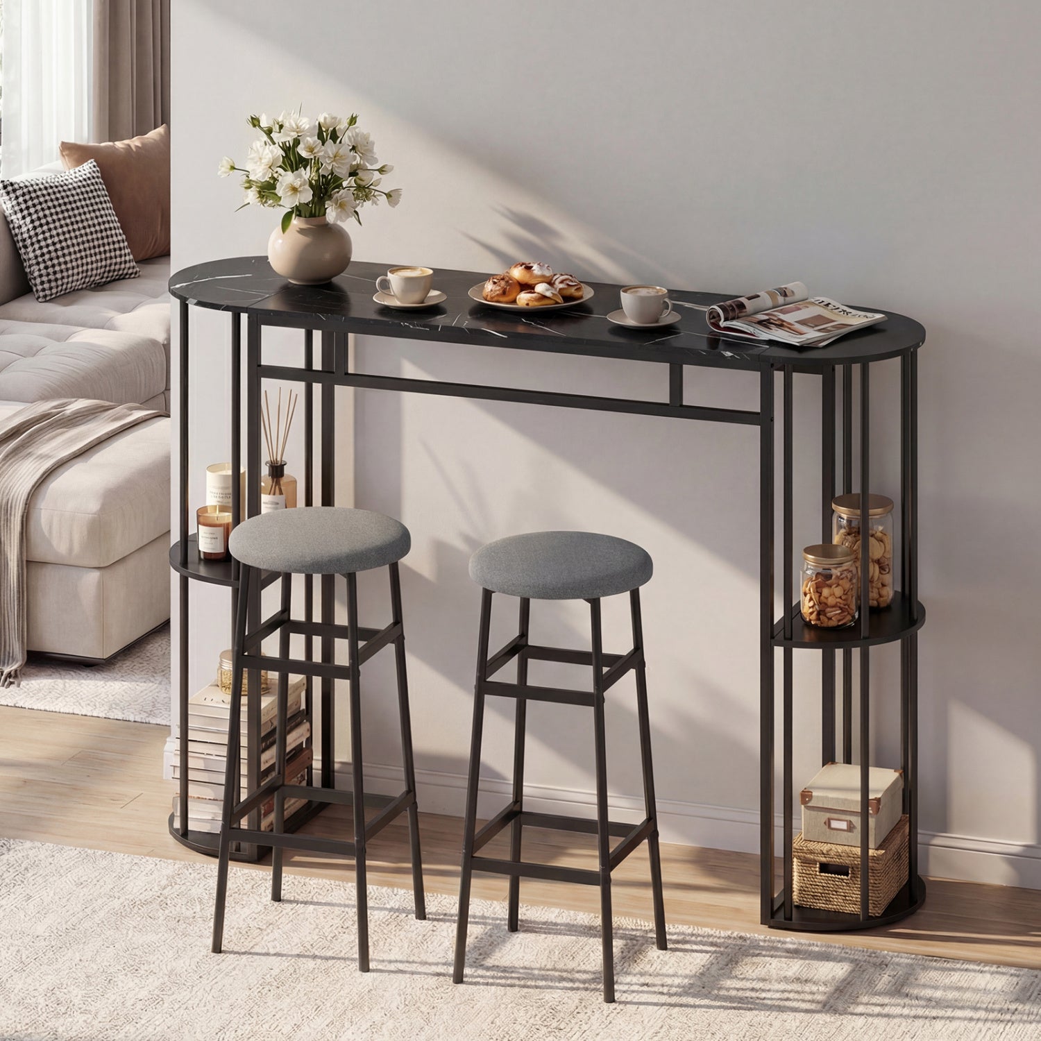 Metal Frame Bar Stools Set of 2, Gray, Black Bar Stools at Gallery Canada