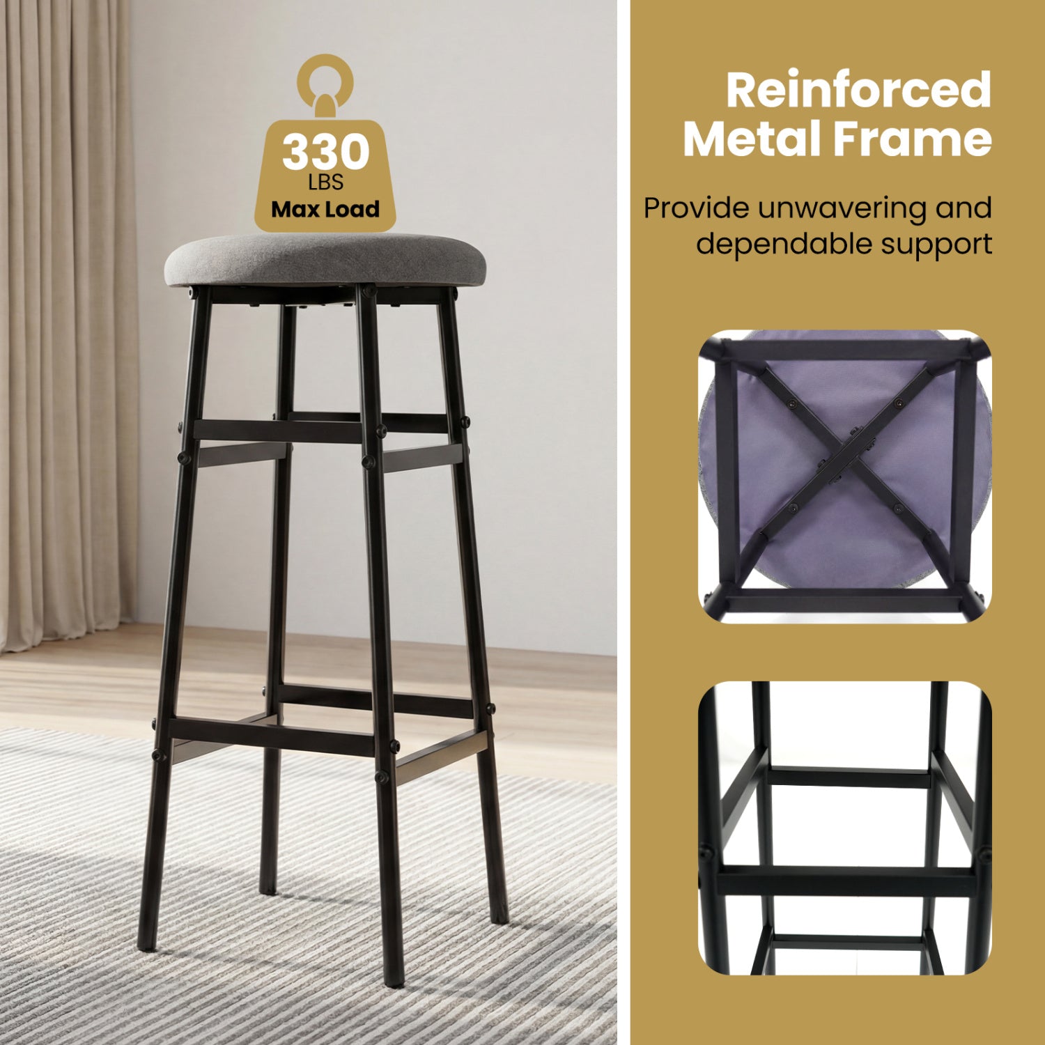 Metal Frame Bar Stools Set of 2, Gray, Black Bar Stools at Gallery Canada