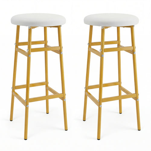 Metal Frame Bar Stools Set of 2, Golden, With Footrest, White