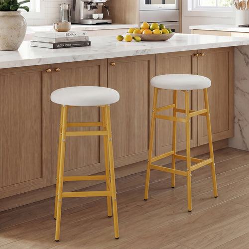 Metal Frame Bar Stools Set of 2, Golden, With Footrest, White
