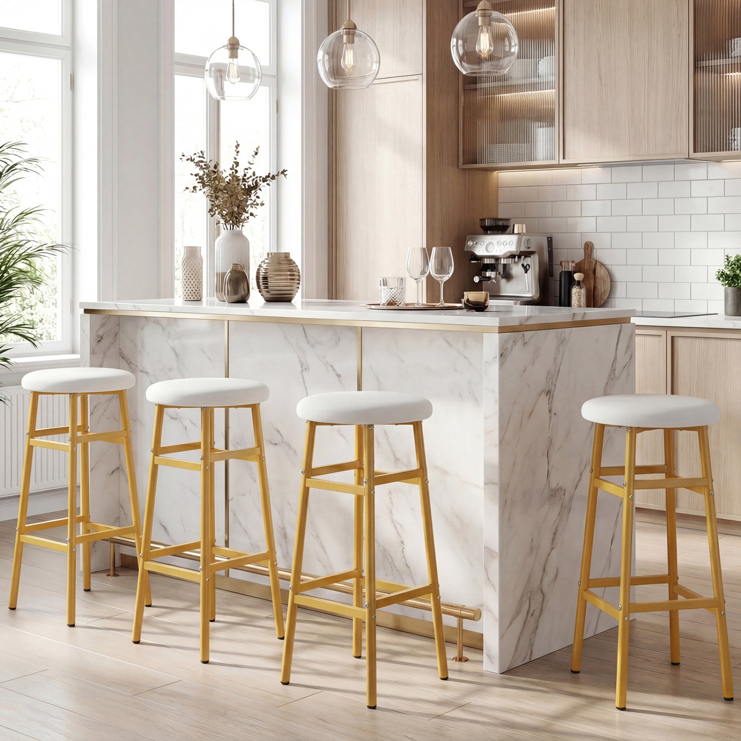 Metal Frame Bar Stools Set of 2, Golden, With Footrest, White Bar Stools at Gallery Canada