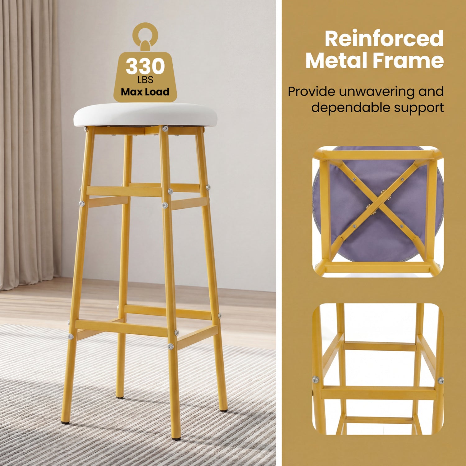 Metal Frame Bar Stools Set of 2, Golden, With Footrest, White Bar Stools at Gallery Canada