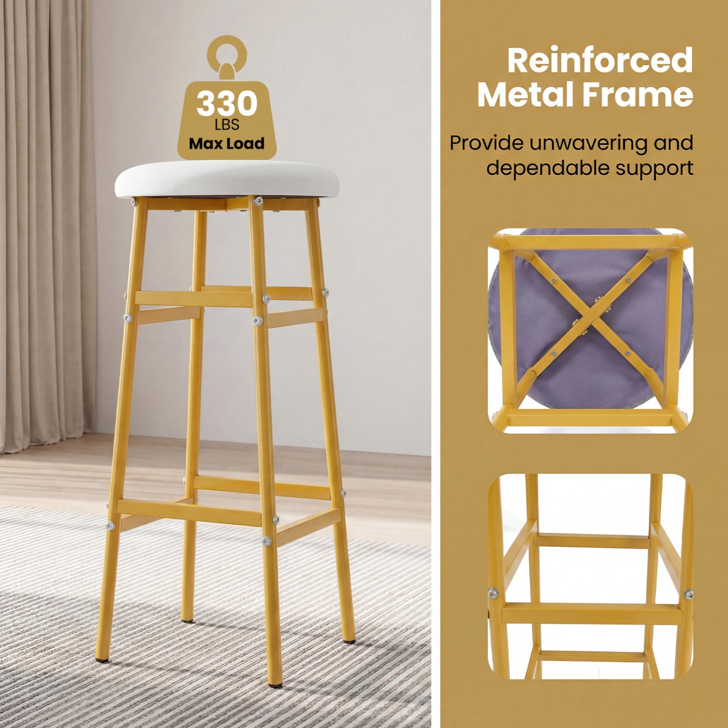 Metal Frame Bar Stools Set of 2, Golden, With Footrest, White Bar Stools at Gallery Canada
