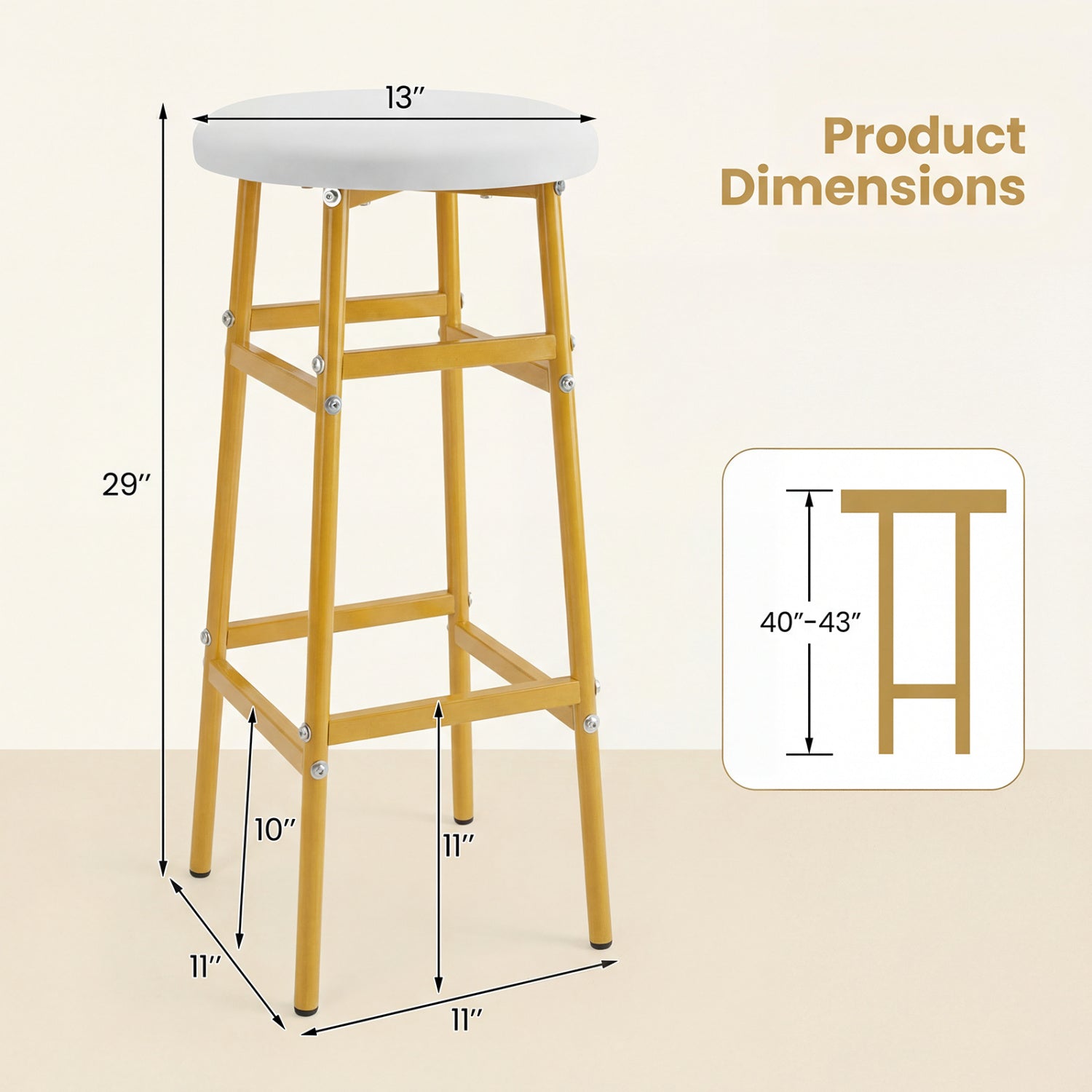 Metal Frame Bar Stools Set of 2, Golden, With Footrest, White Bar Stools at Gallery Canada