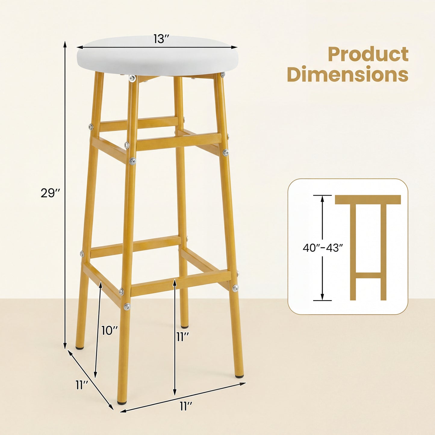 Metal Frame Bar Stools Set of 2, Golden, With Footrest, White Bar Stools at Gallery Canada