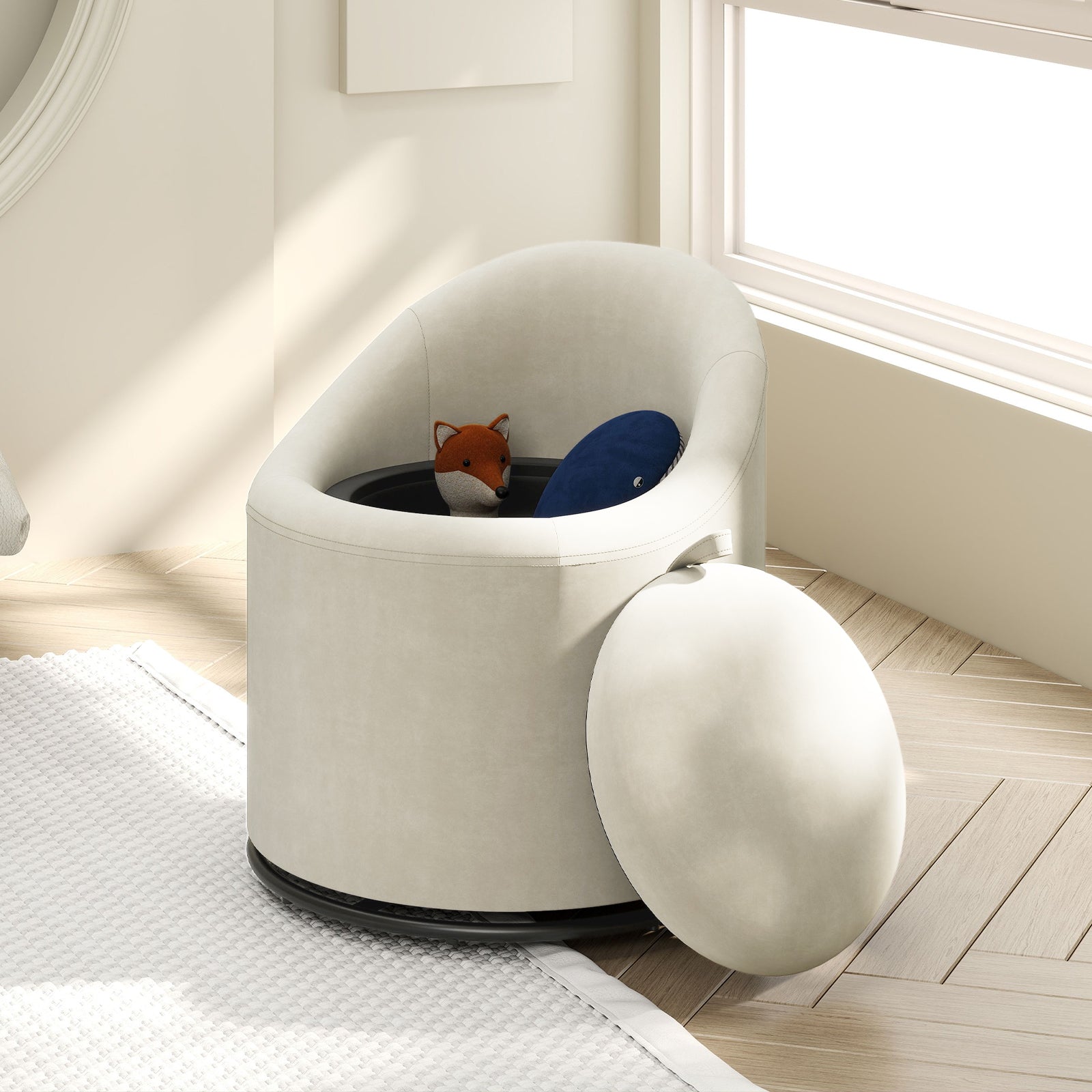 Barrel Chair With Storage, 360° Swivel Upholstered Vanity Chair, Beige Accent Chairs at Gallery Canada