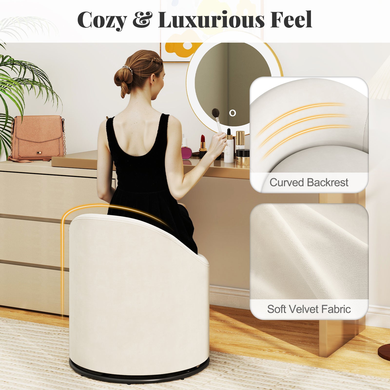 Barrel Chair With Storage, 360° Swivel Upholstered Vanity Chair, Beige Accent Chairs at Gallery Canada