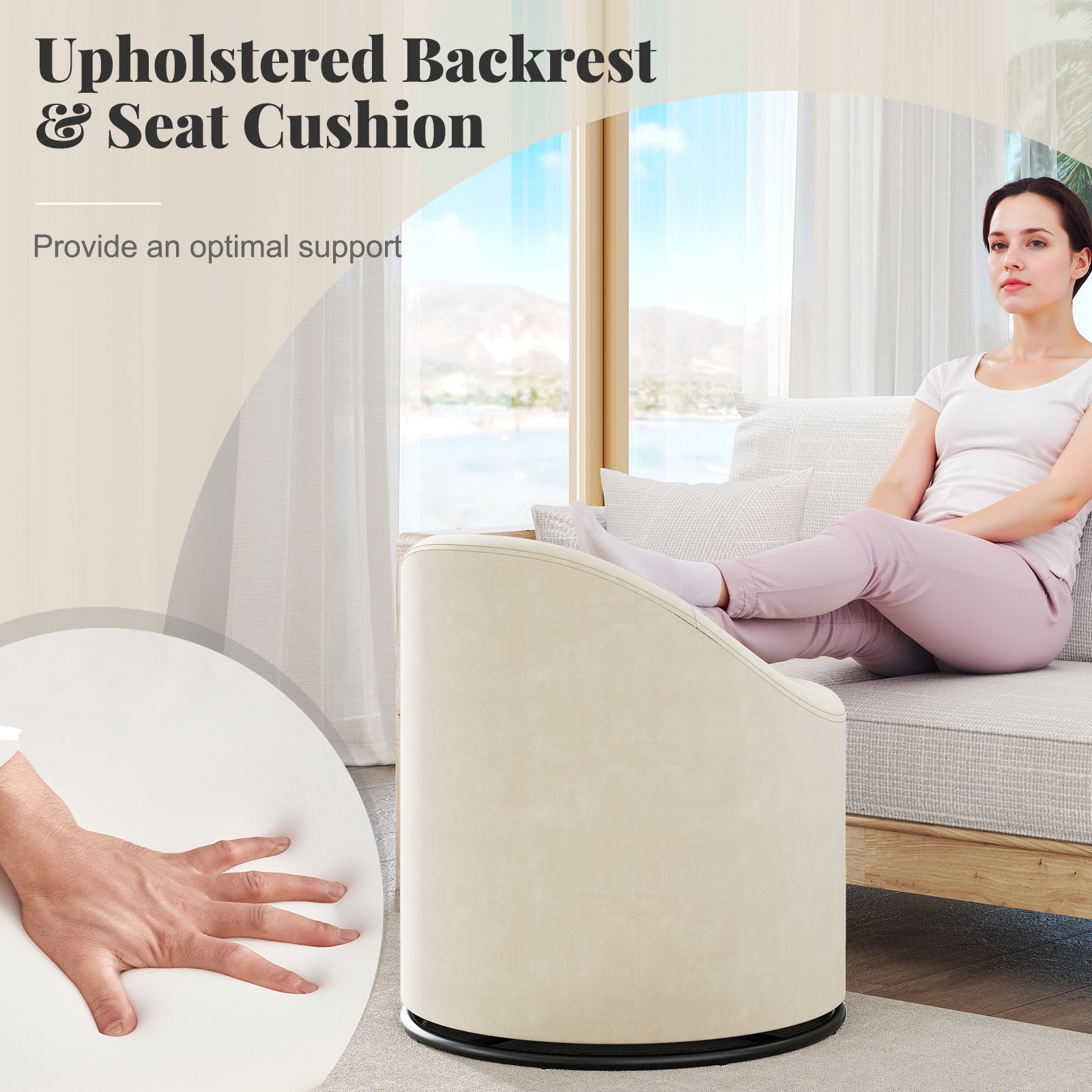 Barrel Chair With Storage, 360° Swivel Upholstered Vanity Chair, Beige Accent Chairs at Gallery Canada