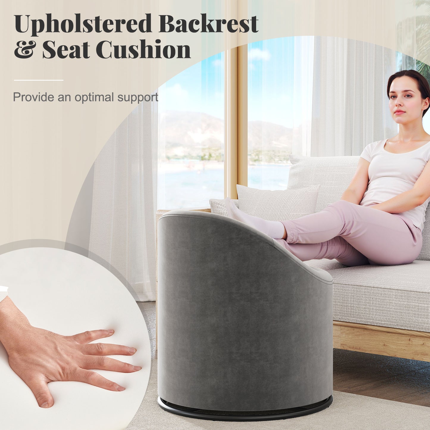 Barrel Chair With Storage, 360° Swivel Upholstered Vanity Chair, Gray Accent Chairs at Gallery Canada