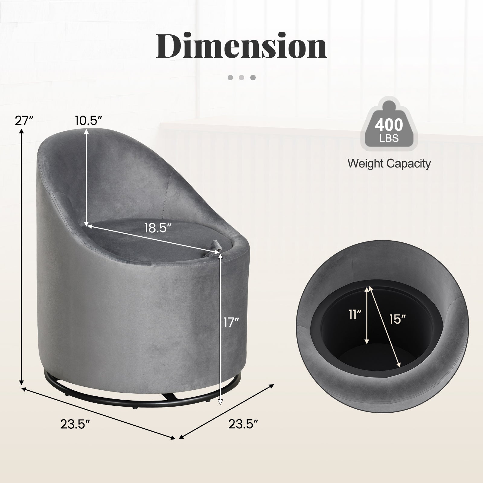 Barrel Chair With Storage, 360° Swivel Upholstered Vanity Chair, Gray Accent Chairs at Gallery Canada