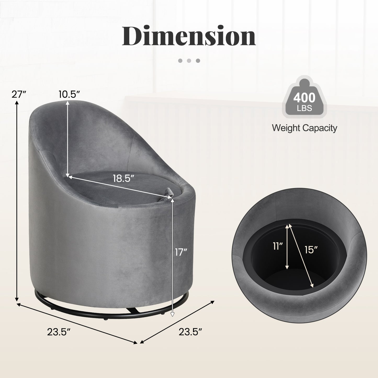 Barrel Chair With Storage, 360° Swivel Upholstered Vanity Chair, Gray Accent Chairs at Gallery Canada