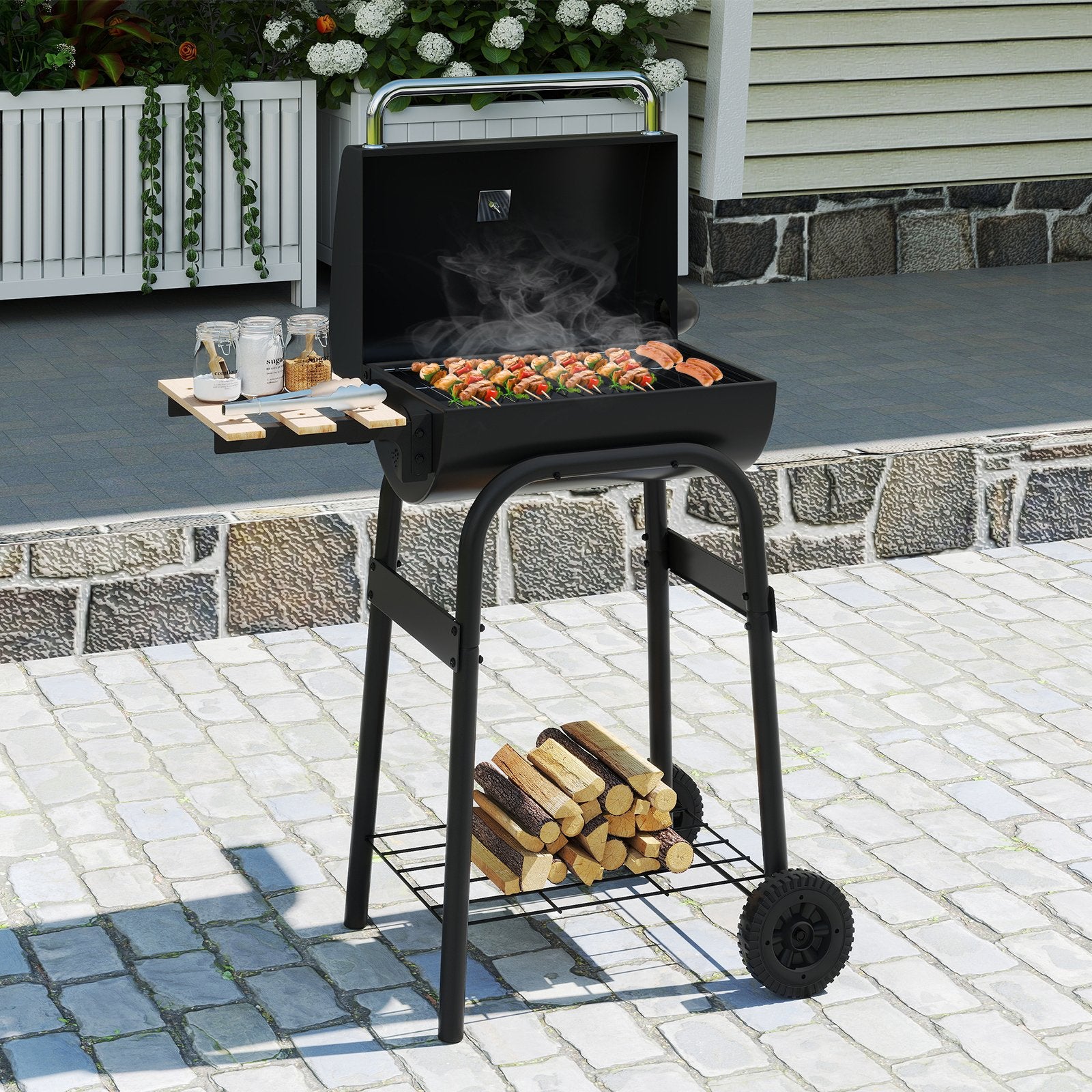 Barrel Charcoal Grill with Foldable Side Table and Thermostat, Black Outdoor Grills at Gallery Canada