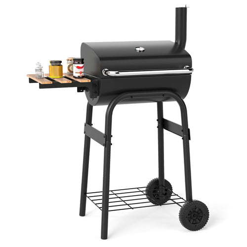 Barrel Charcoal Grill, Foldable Side Table, Thermostat, Black