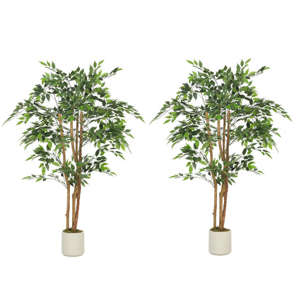 5FT Artificial Banyan Tree Set Of 2, Fake Potted Tree With Solid Wood Trunk Artificial Trees Green, White at Gallery Canada