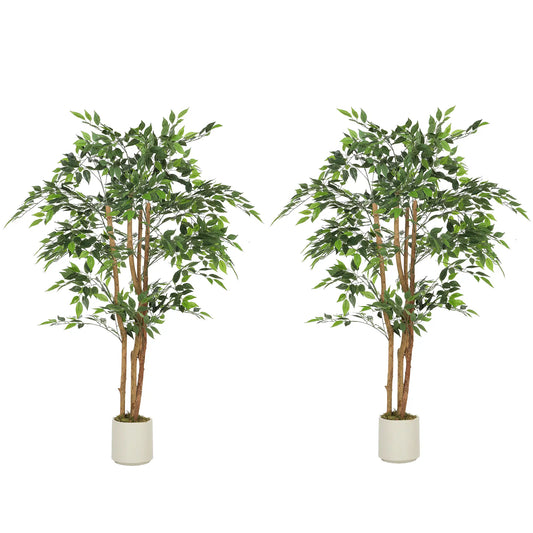 5FT Artificial Banyan Tree Set Of 2, Fake Potted Tree With Solid Wood Trunk Artificial Trees Green, White at Gallery Canada