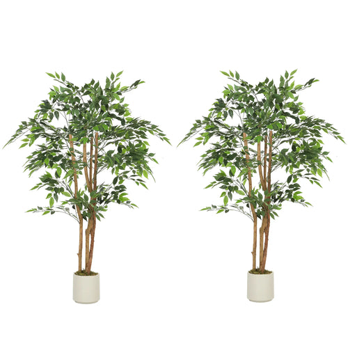 5FT Artificial Banyan Tree Set Of 2, Fake Potted Tree With Solid Wood Trunk