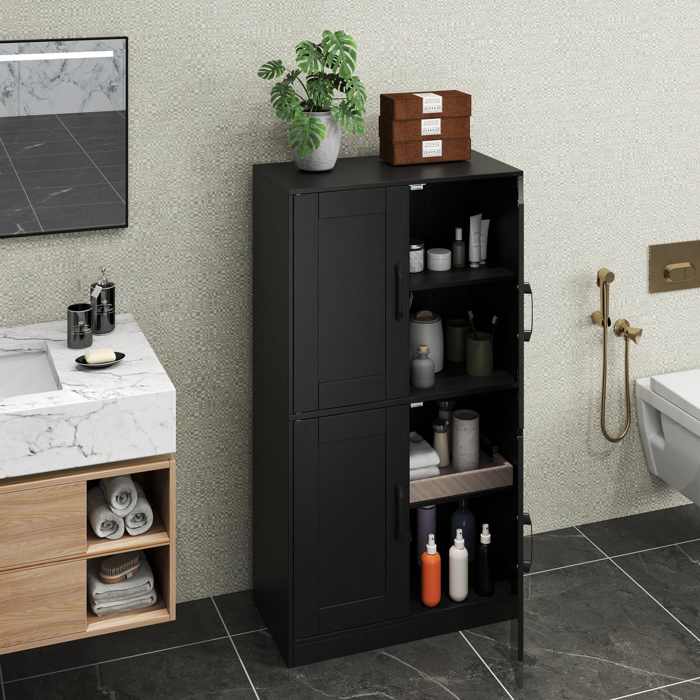 Bathroom Cabinet 43.5 inch Storage Cabinet with Doors and Adjustable Shelves, Black Floor Cabinets at Gallery Canada