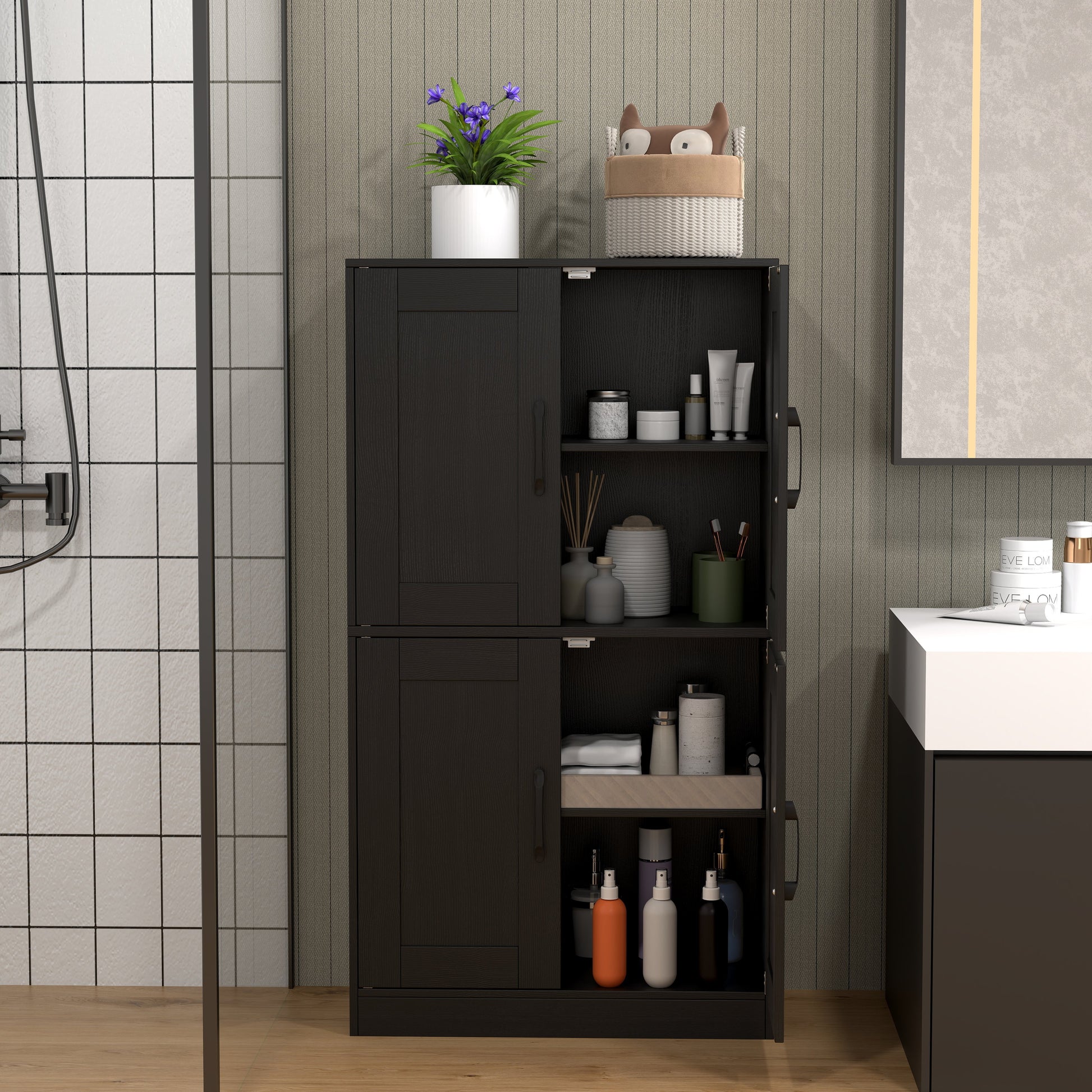 Bathroom Cabinet 43.5 inch Storage Cabinet with Doors and Adjustable Shelves, Black Floor Cabinets at Gallery Canada