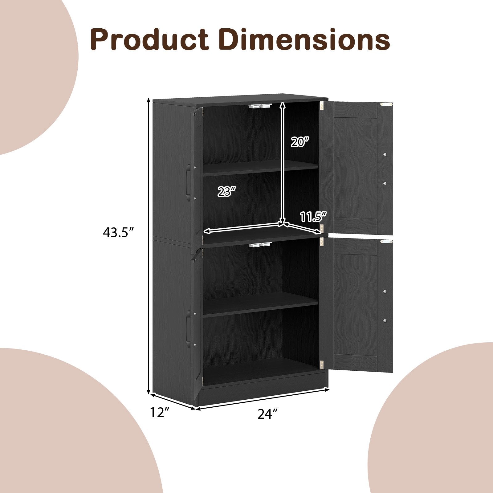Bathroom Cabinet 43.5 inch Storage Cabinet with Doors and Adjustable Shelves, Black Floor Cabinets at Gallery Canada
