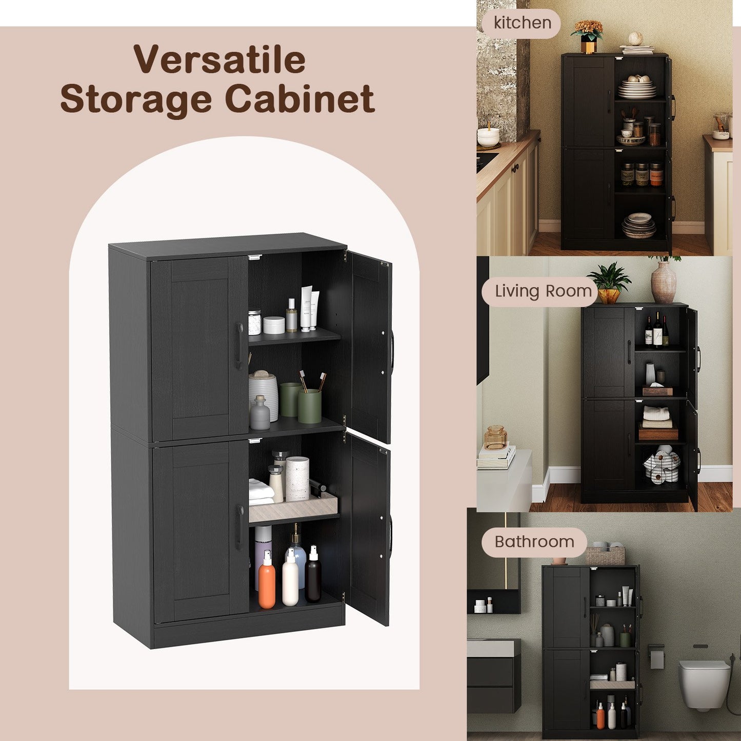 Bathroom Cabinet 43.5 inch Storage Cabinet with Doors and Adjustable Shelves, Black Floor Cabinets at Gallery Canada