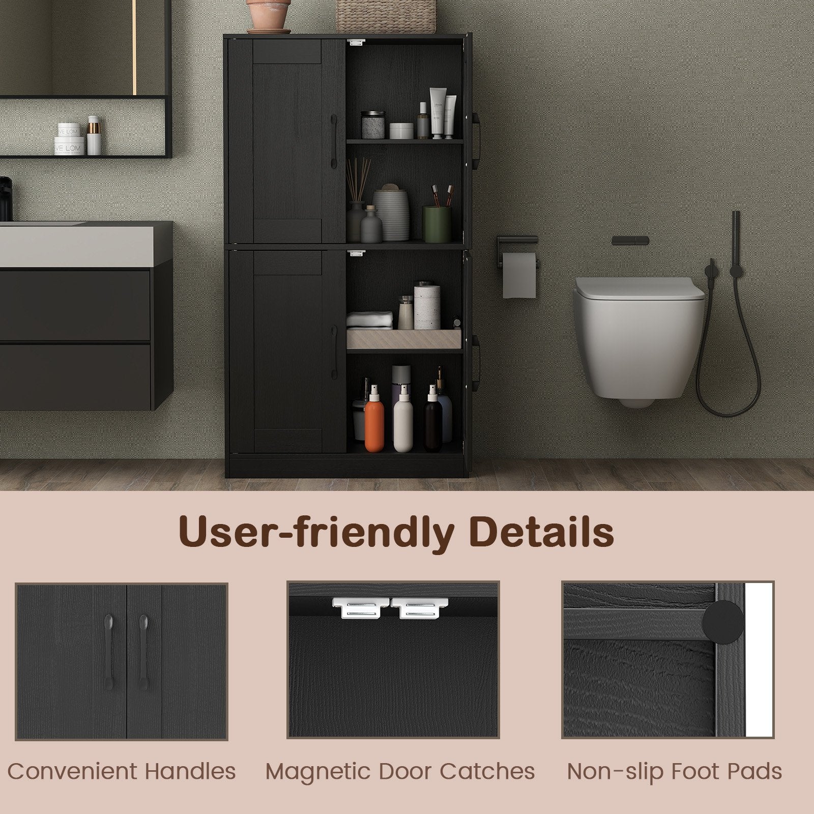 Bathroom Cabinet 43.5 inch Storage Cabinet with Doors and Adjustable Shelves, Black Floor Cabinets at Gallery Canada