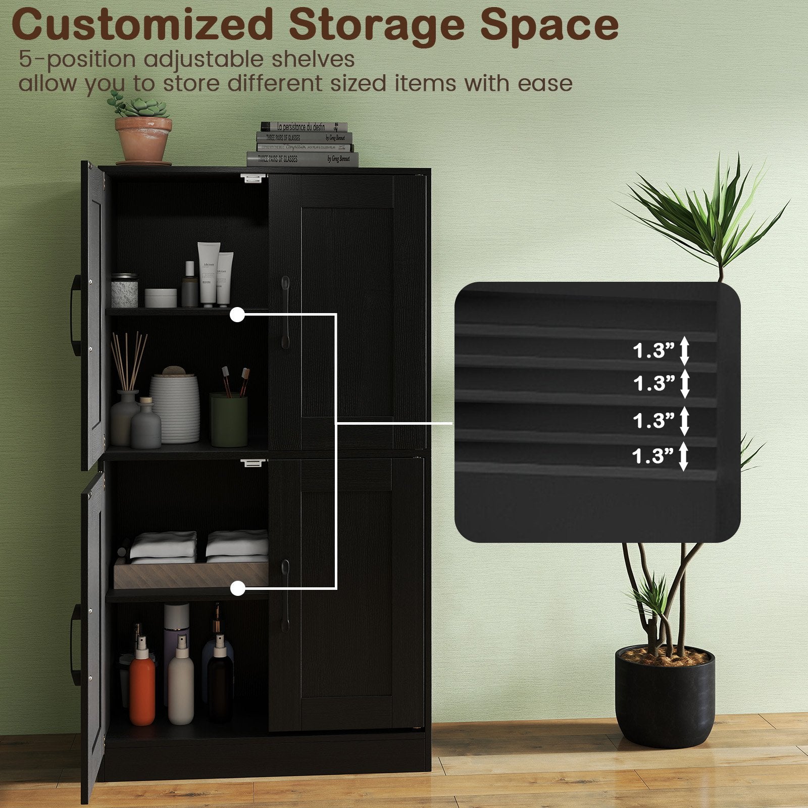 Bathroom Cabinet 43.5 inch Storage Cabinet with Doors and Adjustable Shelves, Black Floor Cabinets at Gallery Canada
