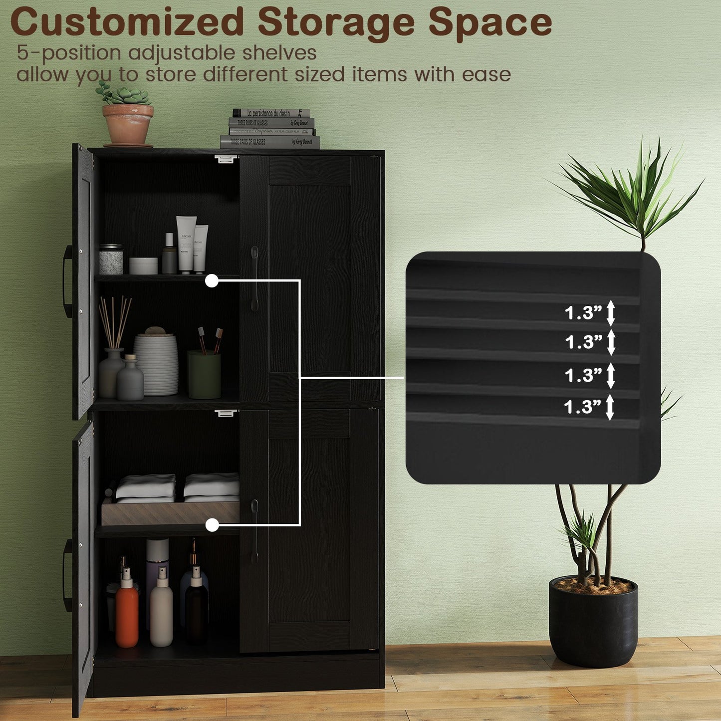 Bathroom Cabinet 43.5 inch Storage Cabinet with Doors and Adjustable Shelves, Black Floor Cabinets at Gallery Canada
