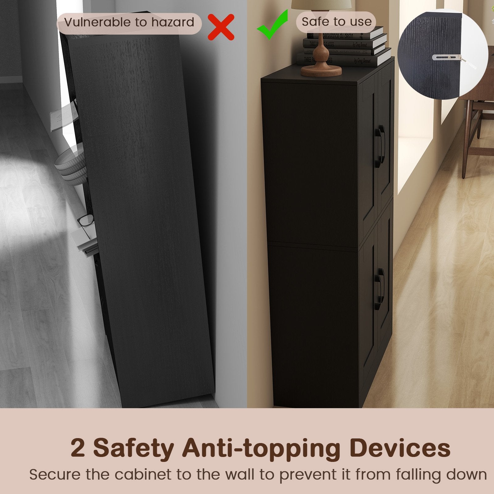 Bathroom Cabinet 43.5 inch Storage Cabinet with Doors and Adjustable Shelves, Black Floor Cabinets at Gallery Canada